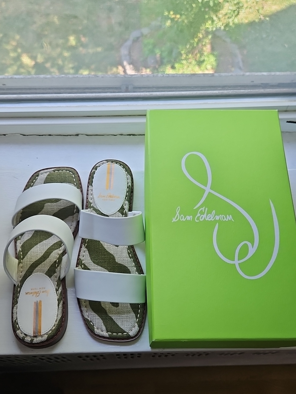 Sam Edelman White Triple-Strap Slides with Olive Zebra Insole